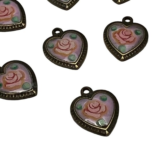 8 Vintage Pink Rose Enamel Heart Charms Findings Jewelry Making Supplies Destash - Picture 3 of 9